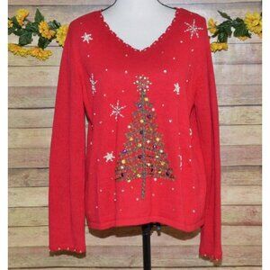 Tiara International Christmas Collection Red Christmas Beaded Sweater Size XL